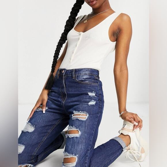 NWT Parisian ASOS Boyfriend Jeans Womens 8 Dark Wash Distressed Slouchy Tomboy - Picture 2 of 7